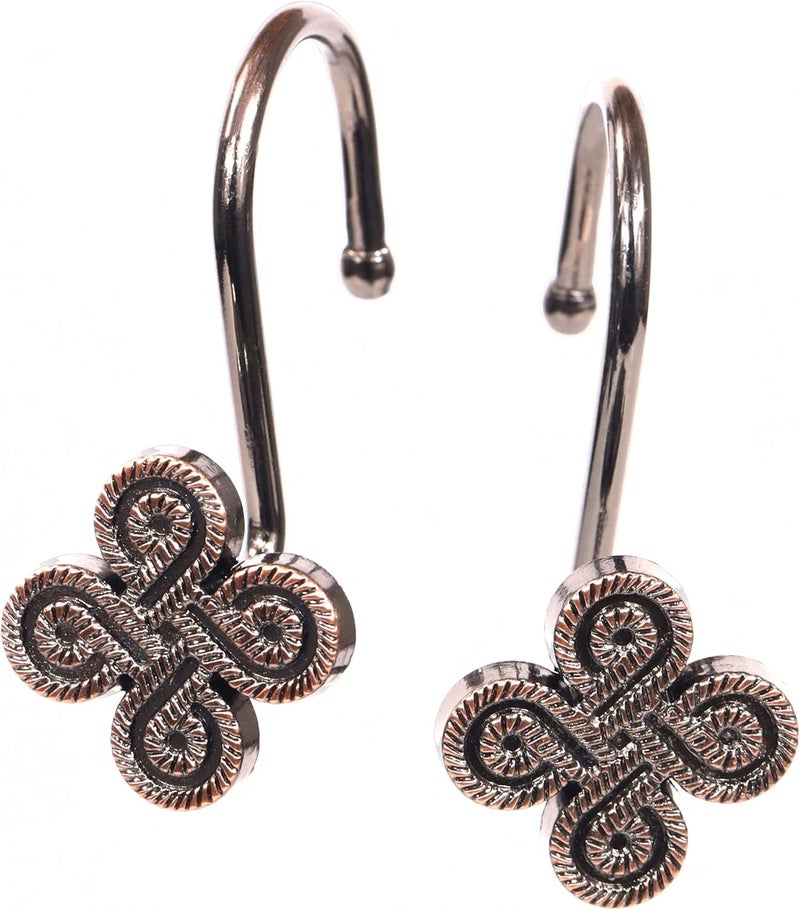 Popkozzi Bronze Decorative Shower Curtain Hooks: Oil Rubbed Rustproof Metal Rings for Shower Curtain Rod - Rustic Vintage Flower Clover Shaped Shower Curtain Hooks Hangers for Bathroom - Set of 12 - Image 1